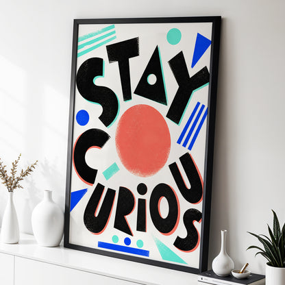 Stay Curious Geometry, black, beige, red abstract wall art displayed in a styled interior, gallery view 3