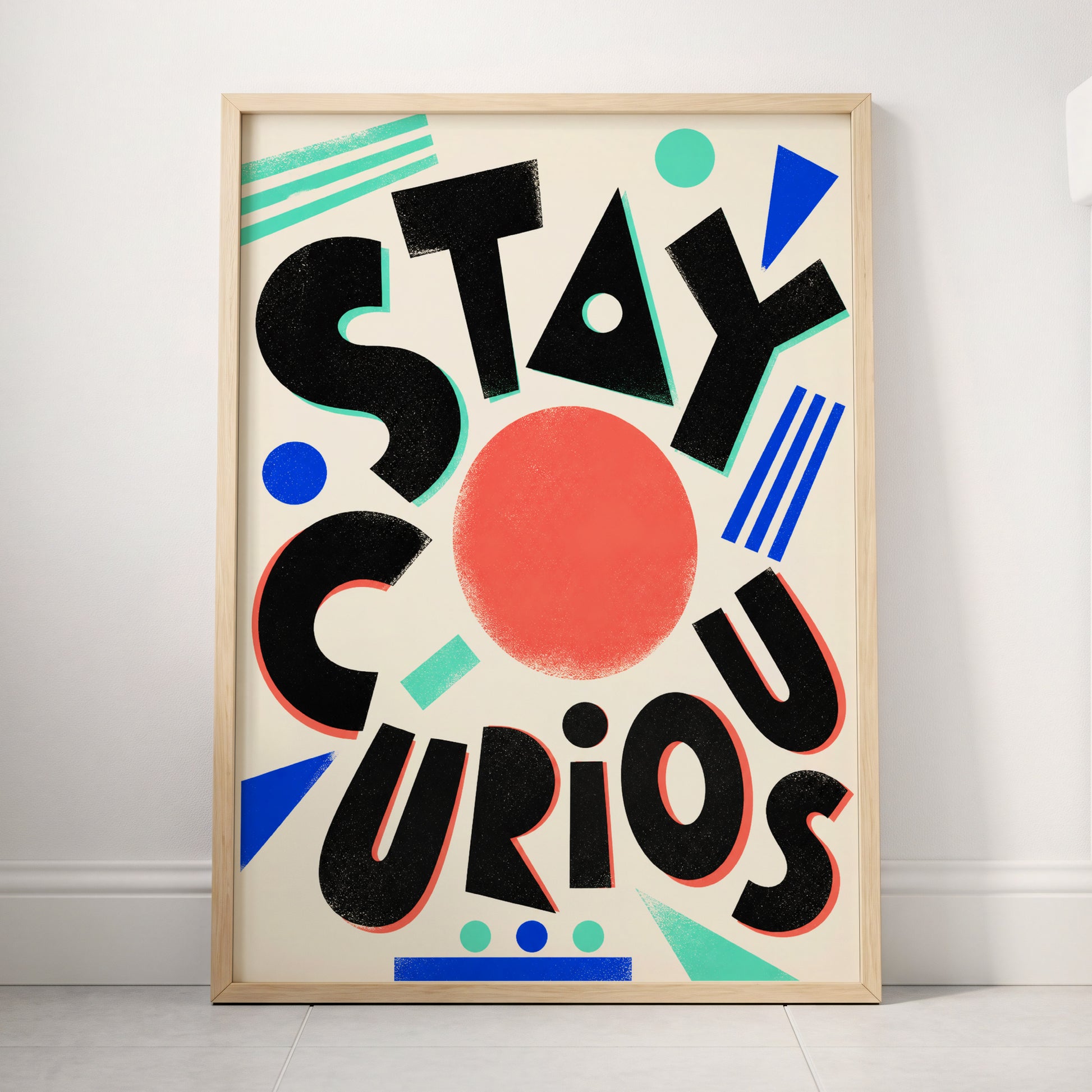 Stay Curious Geometry, black, beige, red abstract wall art displayed in a styled interior, gallery view 4