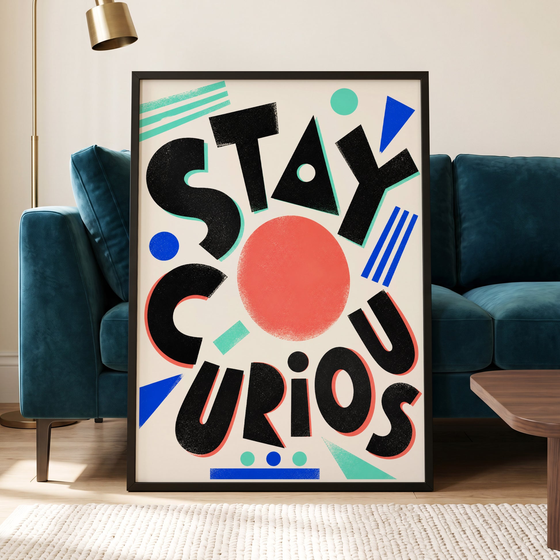 Stay Curious Geometry, black, beige, red abstract wall art displayed in a styled interior, gallery view 6
