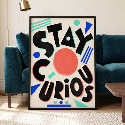 Stay Curious Geometry, black, beige, red abstract wall art displayed in a styled interior, gallery view 6