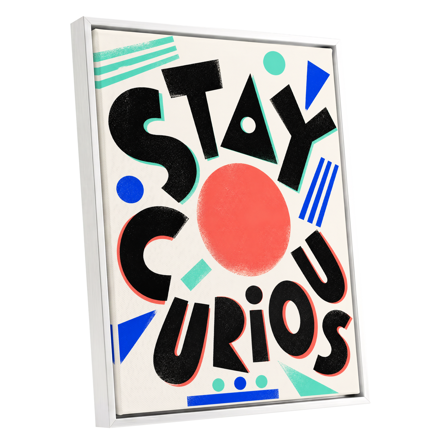 Stay Curious Geometry, black, beige, red abstract wall art shown as a white framed canvas wall art