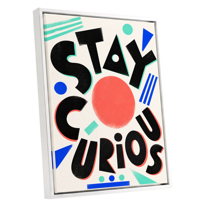 Stay Curious Geometry, black, beige, red abstract wall art shown as a white framed canvas wall art