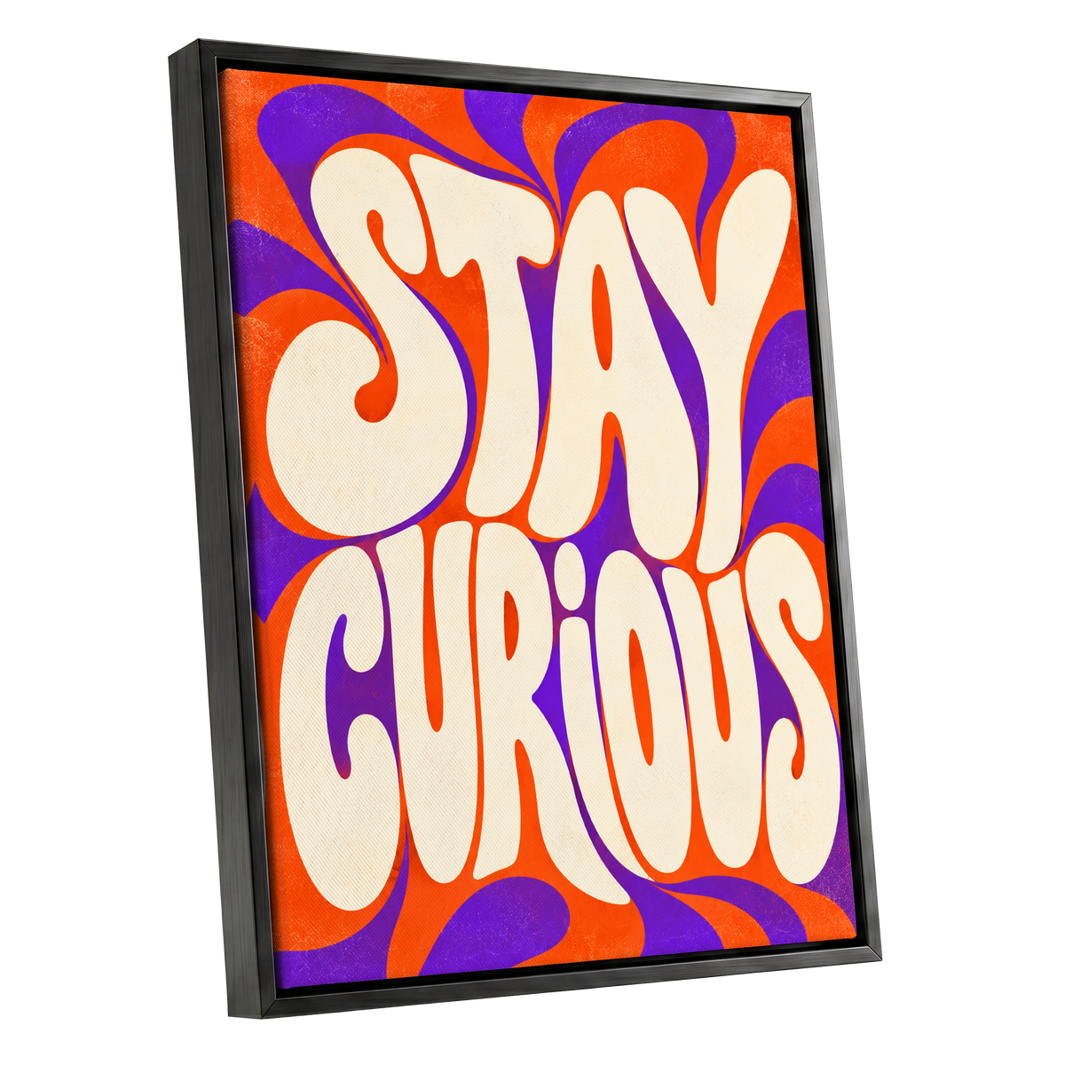 Stay Curious Swirl, orange, purple, beige abstract wall art shown as a black framed canvas wall art