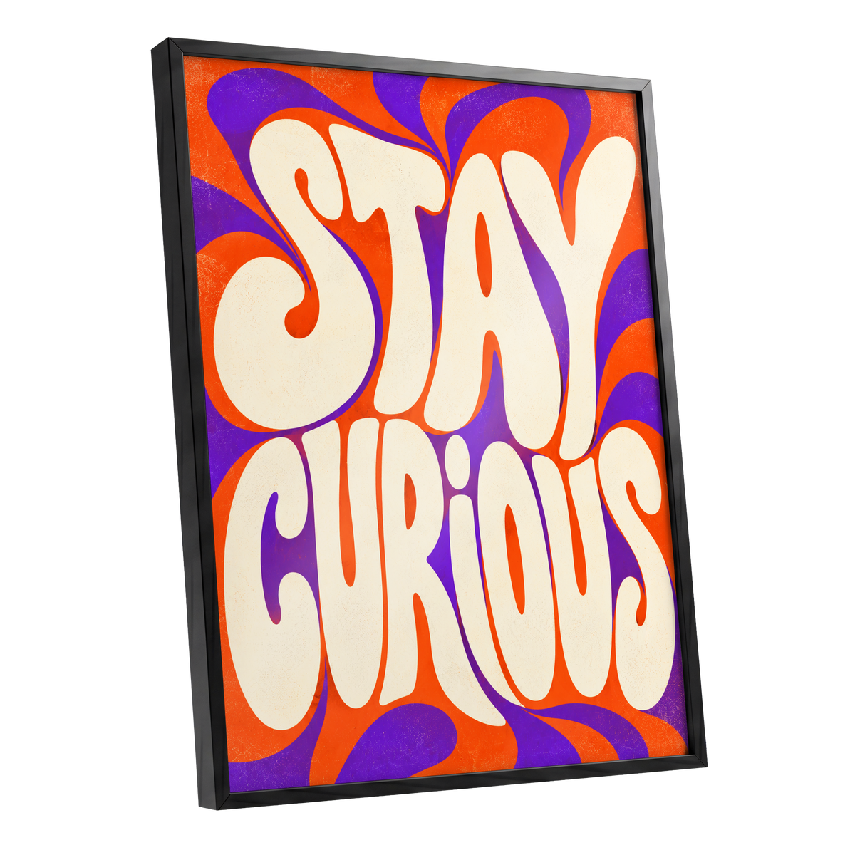 Stay Curious Swirl, orange, purple, beige abstract wall art shown as a black framed poster wall art print