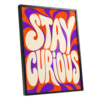 Stay Curious Swirl, orange, purple, beige abstract wall art shown as a black framed poster wall art print
