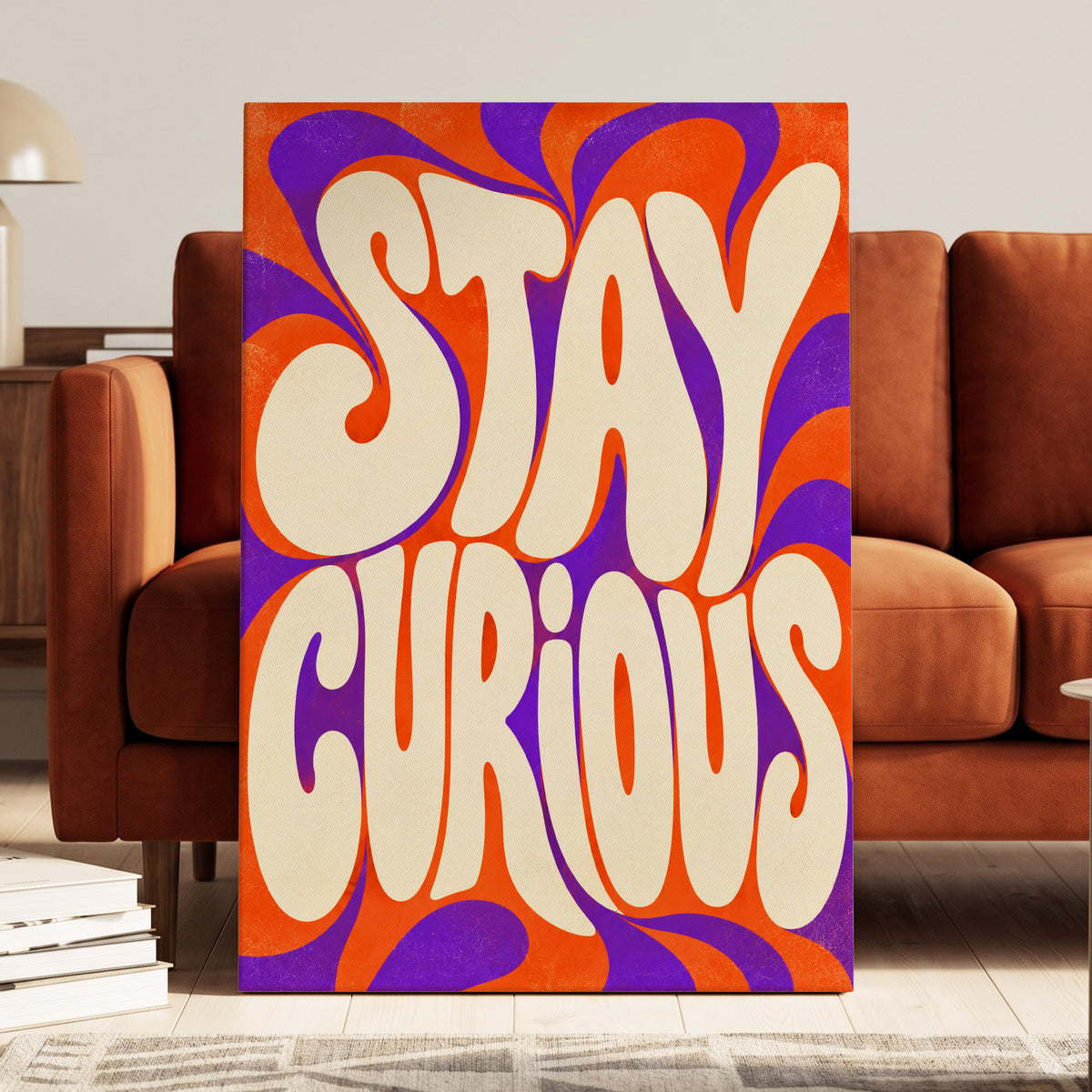 Stay Curious Swirl, orange, purple, beige abstract wall art on canvas displayed in a styled interior, gallery view 1