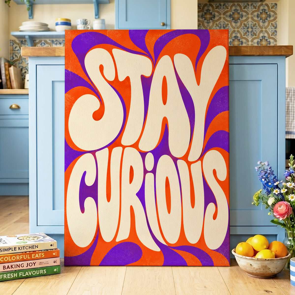 Stay Curious Swirl, orange, purple, beige abstract wall art on canvas displayed in a styled interior, gallery view 2