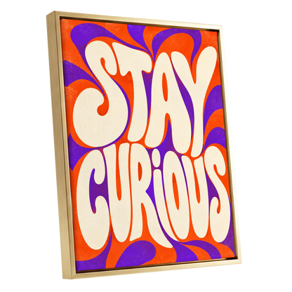 Stay Curious Swirl, orange, purple, beige abstract wall art shown as a gold framed canvas wall art