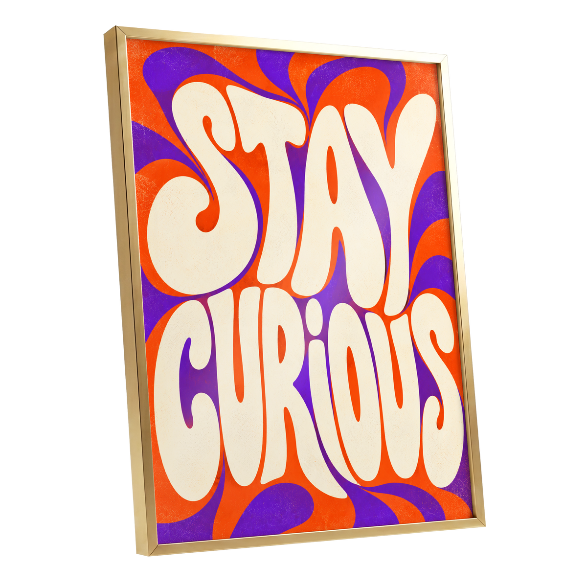 Stay Curious Swirl, orange, purple, beige abstract wall art shown as a gold framed poster wall art print