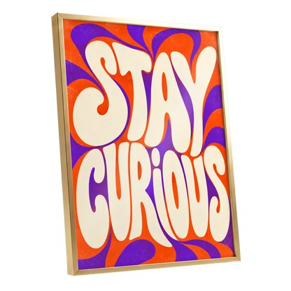 Stay Curious Swirl, orange, purple, beige abstract wall art shown as a gold framed poster wall art print