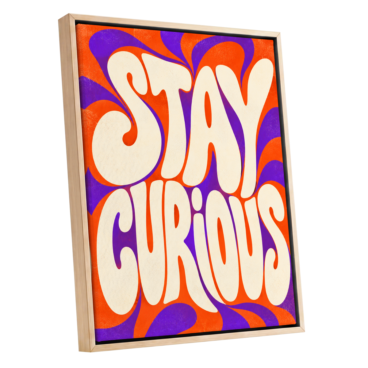 Stay Curious Swirl, orange, purple, beige abstract wall art shown as a oak framed canvas wall art