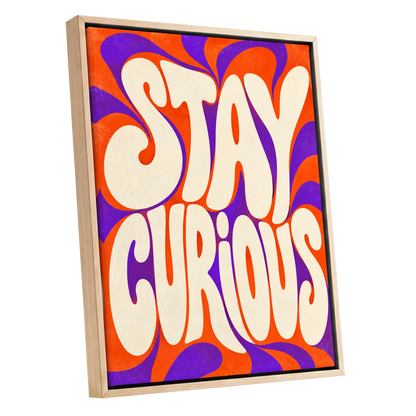 Stay Curious Swirl, orange, purple, beige abstract wall art shown as a oak framed canvas wall art