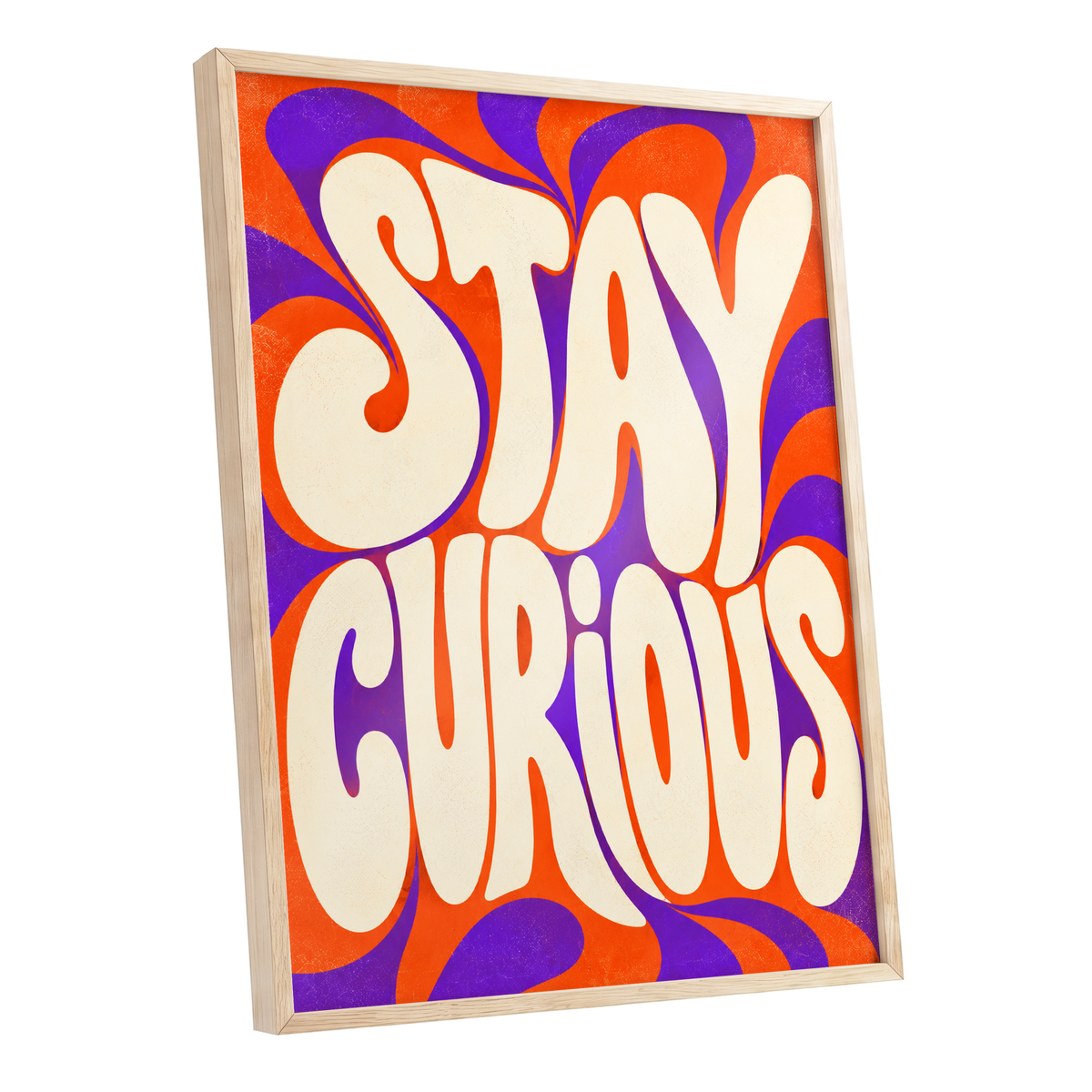 Stay Curious Swirl, orange, purple, beige abstract wall art shown as a oak framed poster wall art print