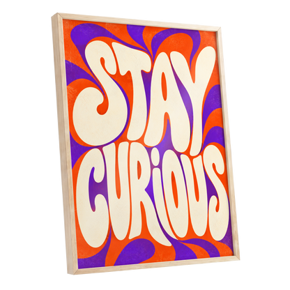 Stay Curious Swirl, orange, purple, beige abstract wall art shown as a oak framed poster wall art print