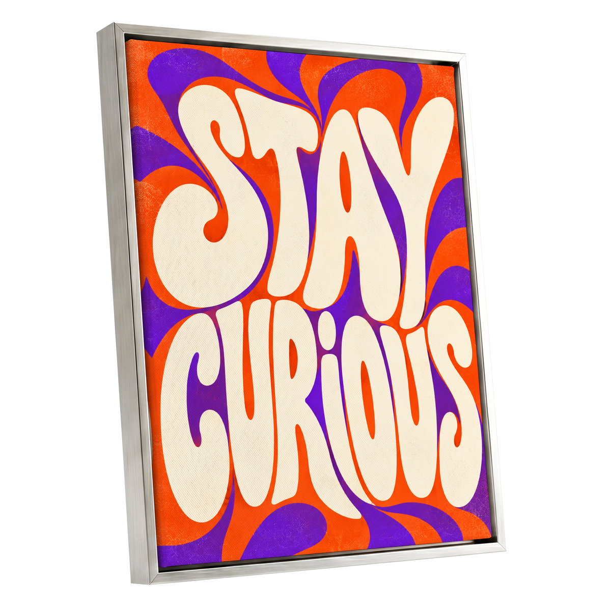 Stay Curious Swirl, orange, purple, beige abstract wall art shown as a silver framed canvas wall art