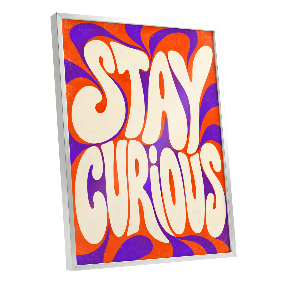 Stay Curious Swirl, orange, purple, beige abstract wall art shown as a silver framed poster wall art print