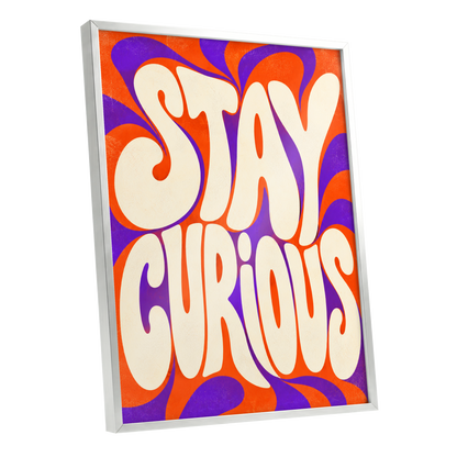 Stay Curious Swirl, orange, purple, beige abstract wall art shown as a silver framed poster wall art print