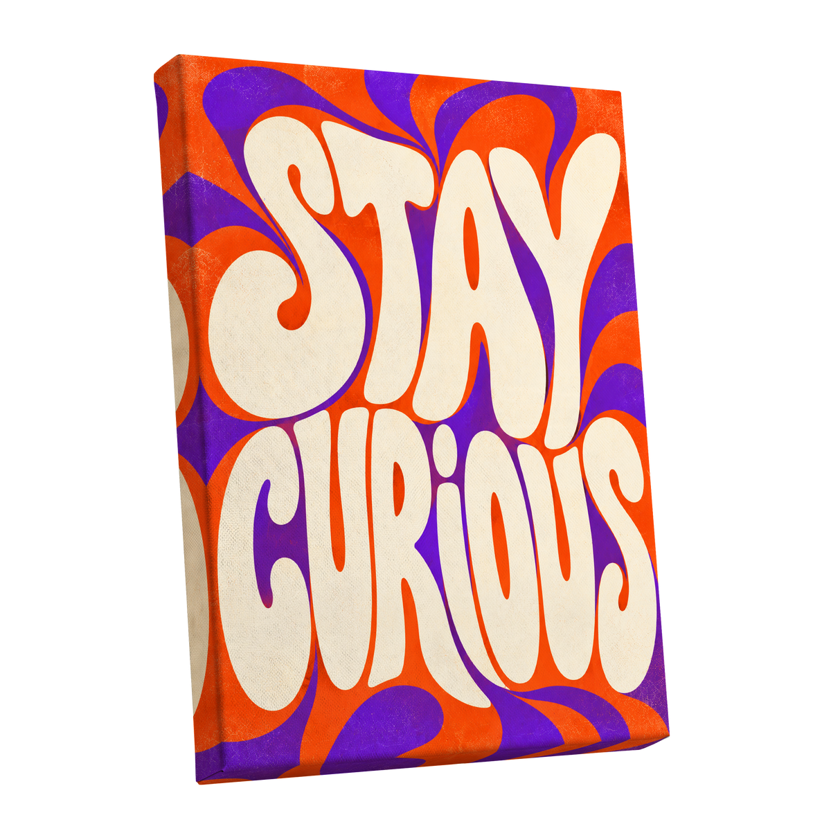 Stay Curious Swirl, orange, purple, beige abstract wall art shown as a stretched canvas wall art