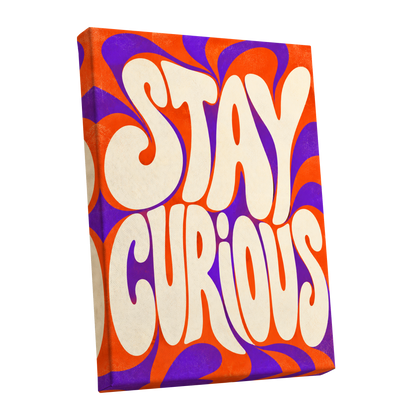 Stay Curious Swirl, orange, purple, beige abstract wall art shown as a stretched canvas wall art