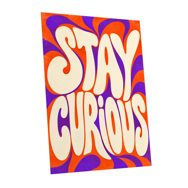 Stay Curious Swirl, orange, purple, beige abstract wall art shown as a unframed poster wall art print