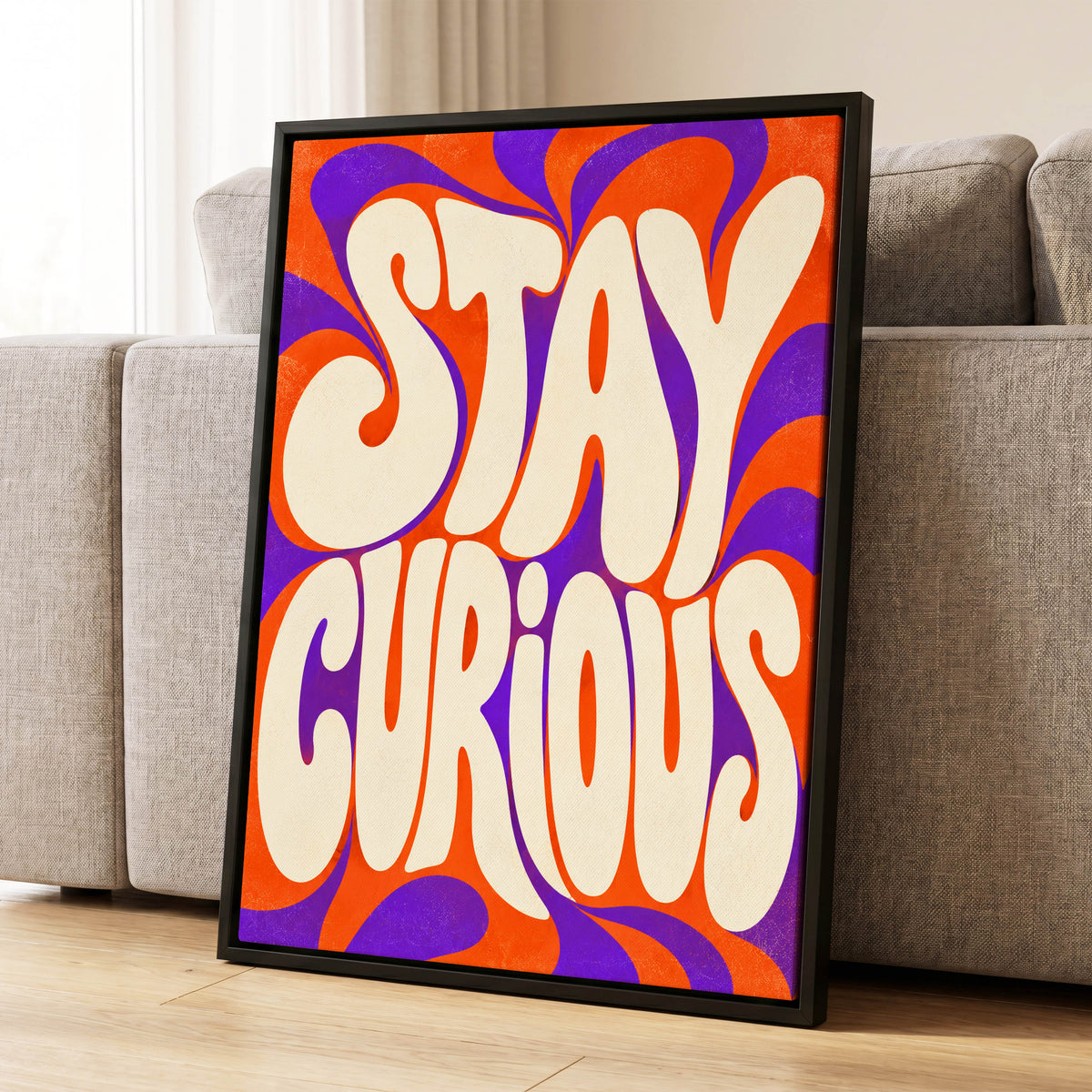 Stay Curious Swirl, orange, purple, beige abstract wall art displayed in a styled interior, gallery view 1