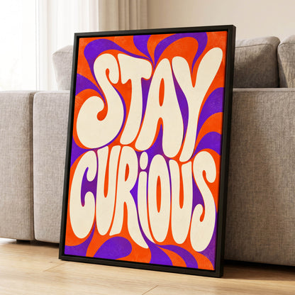 Stay Curious Swirl, orange, purple, beige abstract wall art displayed in a styled interior, gallery view 1
