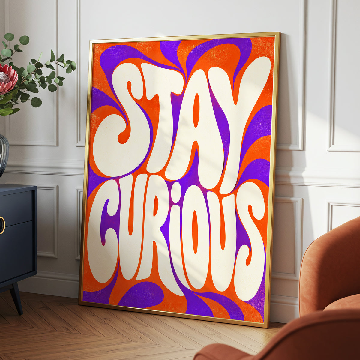 Stay Curious Swirl, orange, purple, beige abstract wall art displayed in a styled interior, gallery view 2