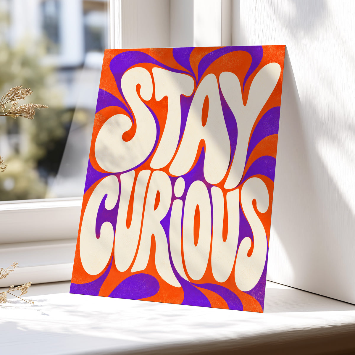 Stay Curious Swirl, orange, purple, beige abstract wall art displayed in a styled interior, gallery view 4