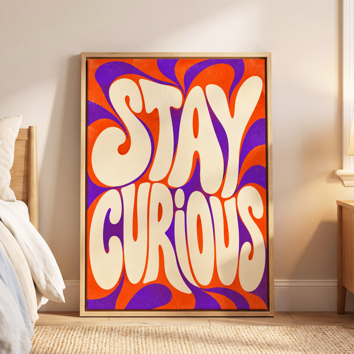 Stay Curious Swirl, orange, purple, beige abstract wall art displayed in a styled interior, gallery view 5