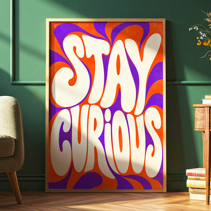 Stay Curious Swirl, orange, purple, beige abstract wall art displayed in a styled interior, gallery view 6