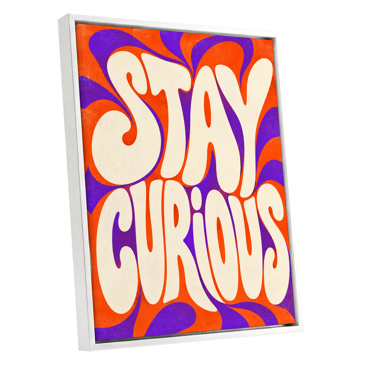 Stay Curious Swirl, orange, purple, beige abstract wall art shown as a white framed canvas wall art