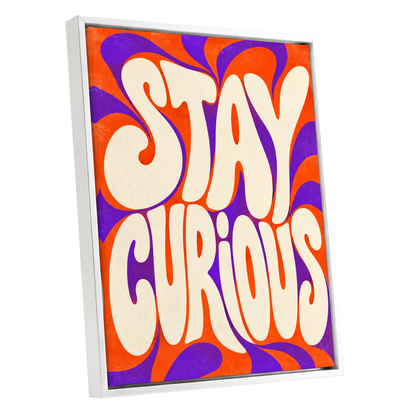 Stay Curious Swirl, orange, purple, beige abstract wall art shown as a white framed canvas wall art