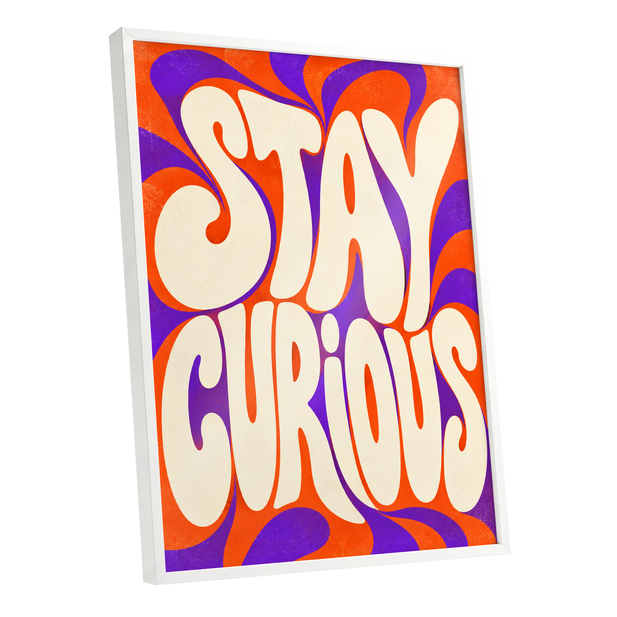 Stay Curious Swirl, orange, purple, beige abstract wall art shown as a white framed poster wall art print
