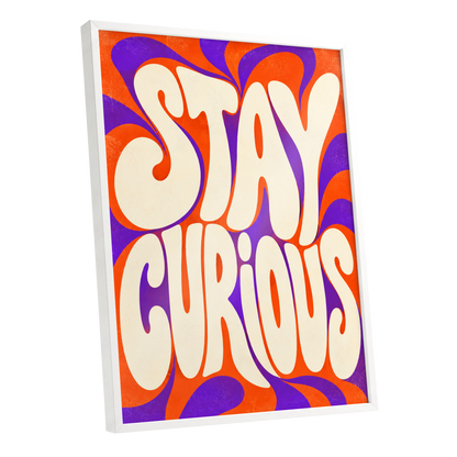 Stay Curious Swirl, orange, purple, beige abstract wall art shown as a white framed poster wall art print