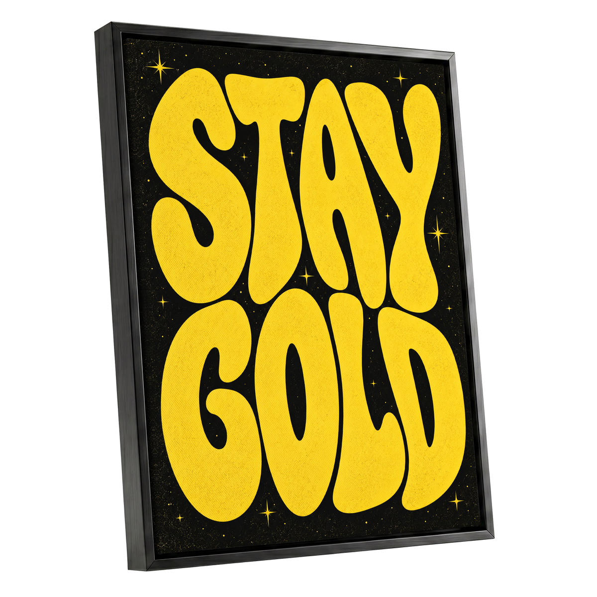 Stay Gold Starburst, yellow, black abstract wall art shown as a black framed canvas wall art