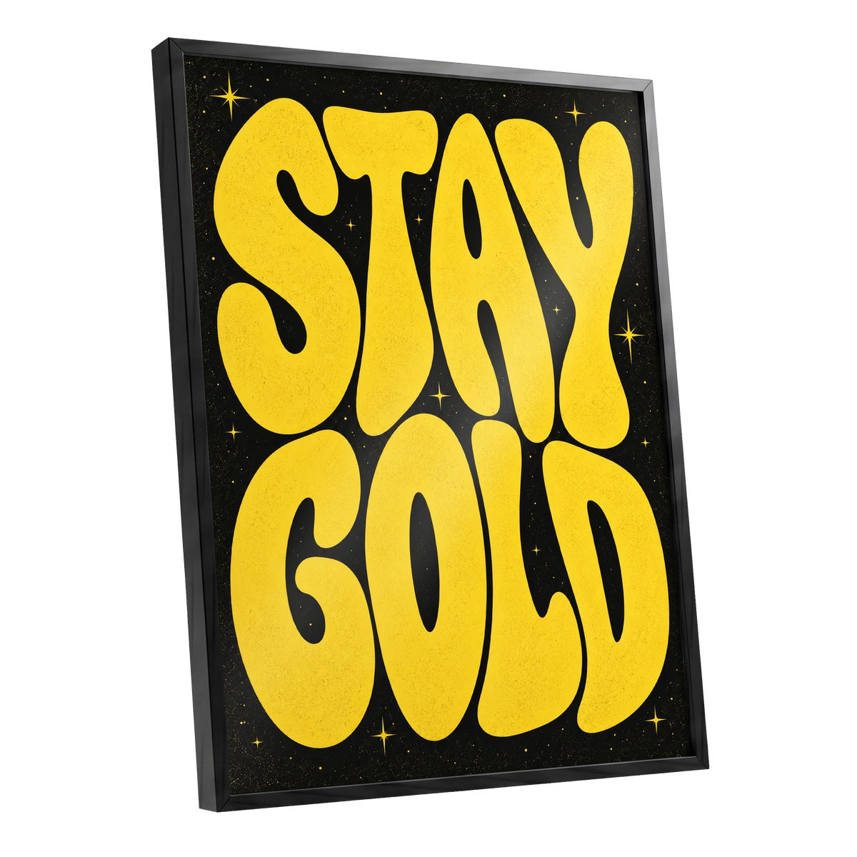 Stay Gold Starburst, yellow, black abstract wall art shown as a black framed poster wall art print
