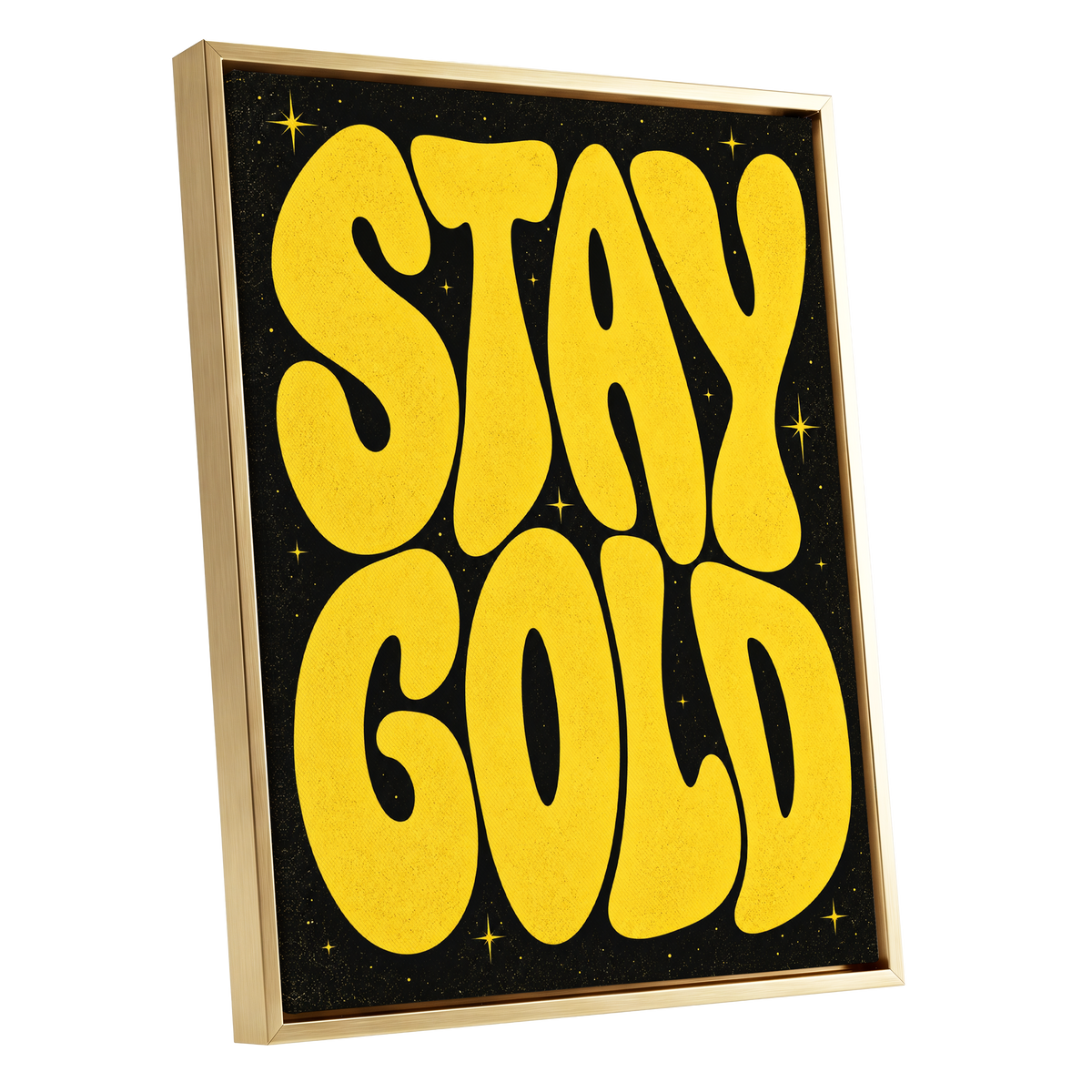 Stay Gold Starburst, yellow, black abstract wall art shown as a gold framed canvas wall art