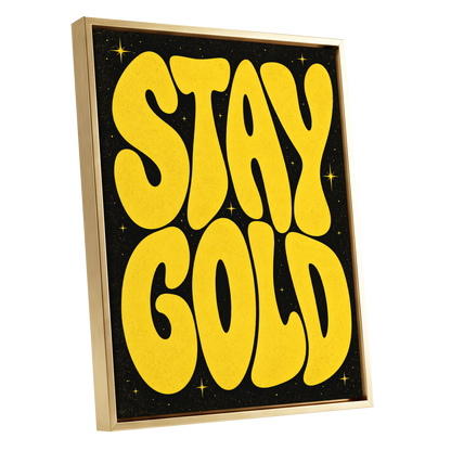 Stay Gold Starburst, yellow, black abstract wall art shown as a gold framed canvas wall art