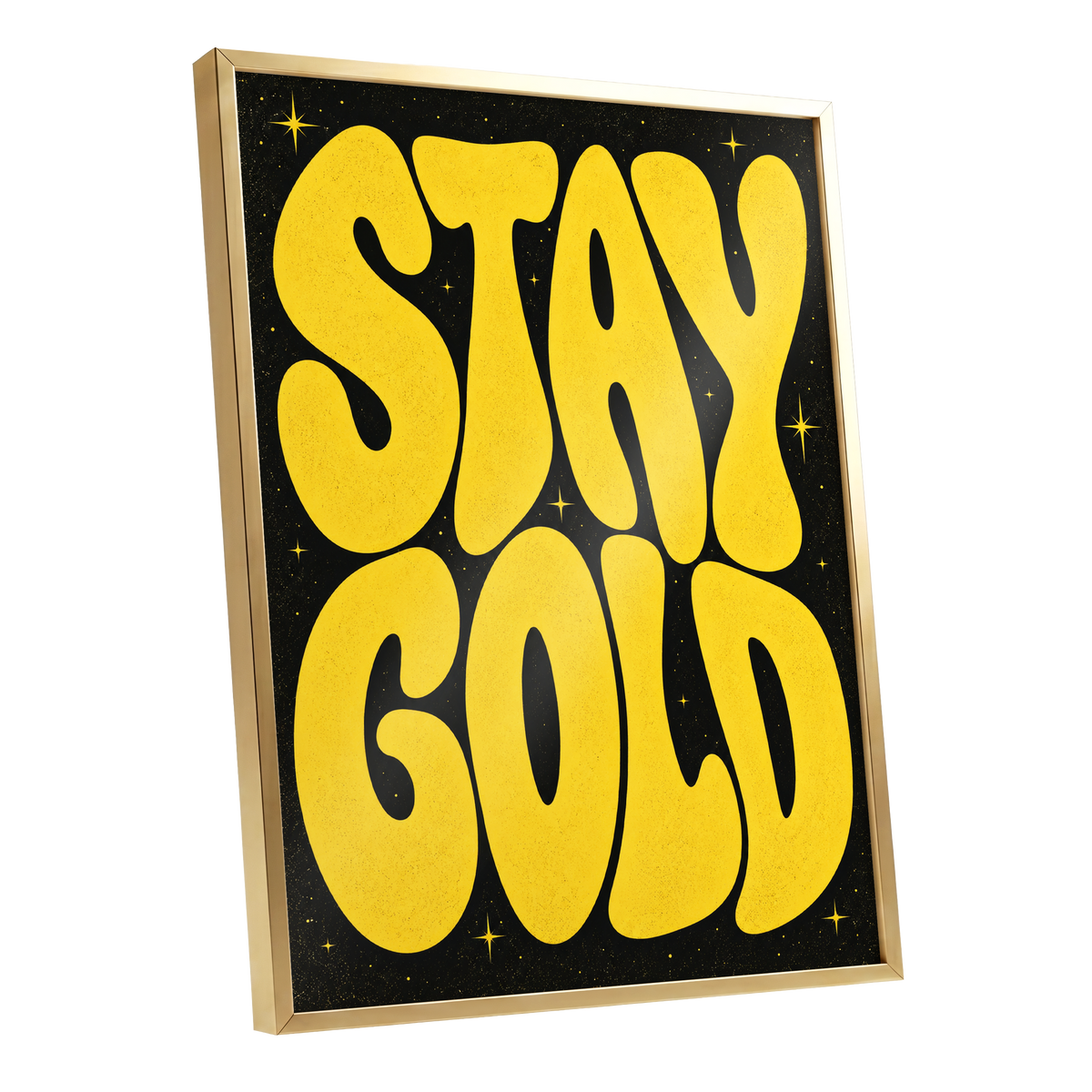 Stay Gold Starburst, yellow, black abstract wall art shown as a gold framed poster wall art print