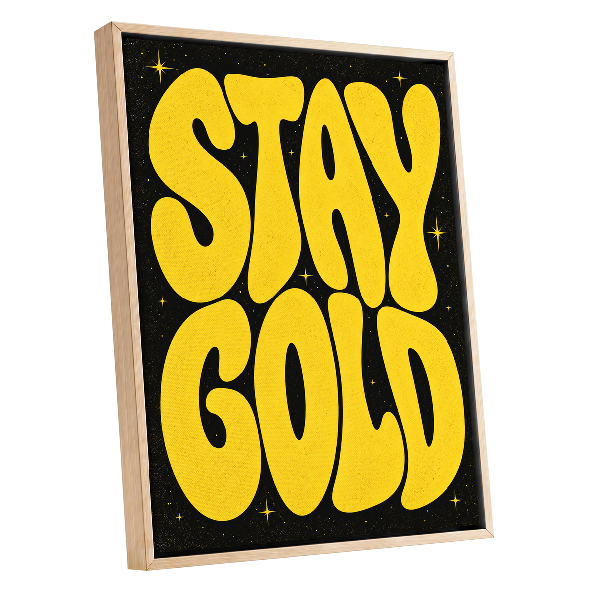 Stay Gold Starburst, yellow, black abstract wall art shown as a oak framed canvas wall art