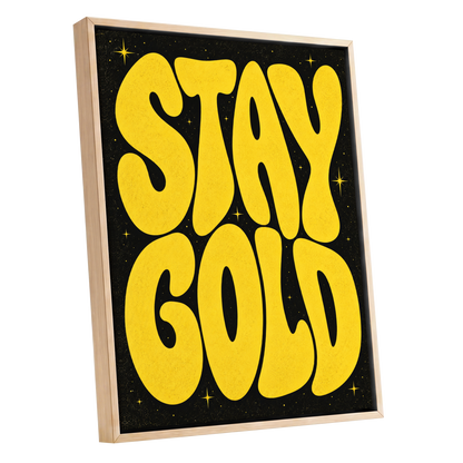 Stay Gold Starburst, yellow, black abstract wall art shown as a oak framed canvas wall art