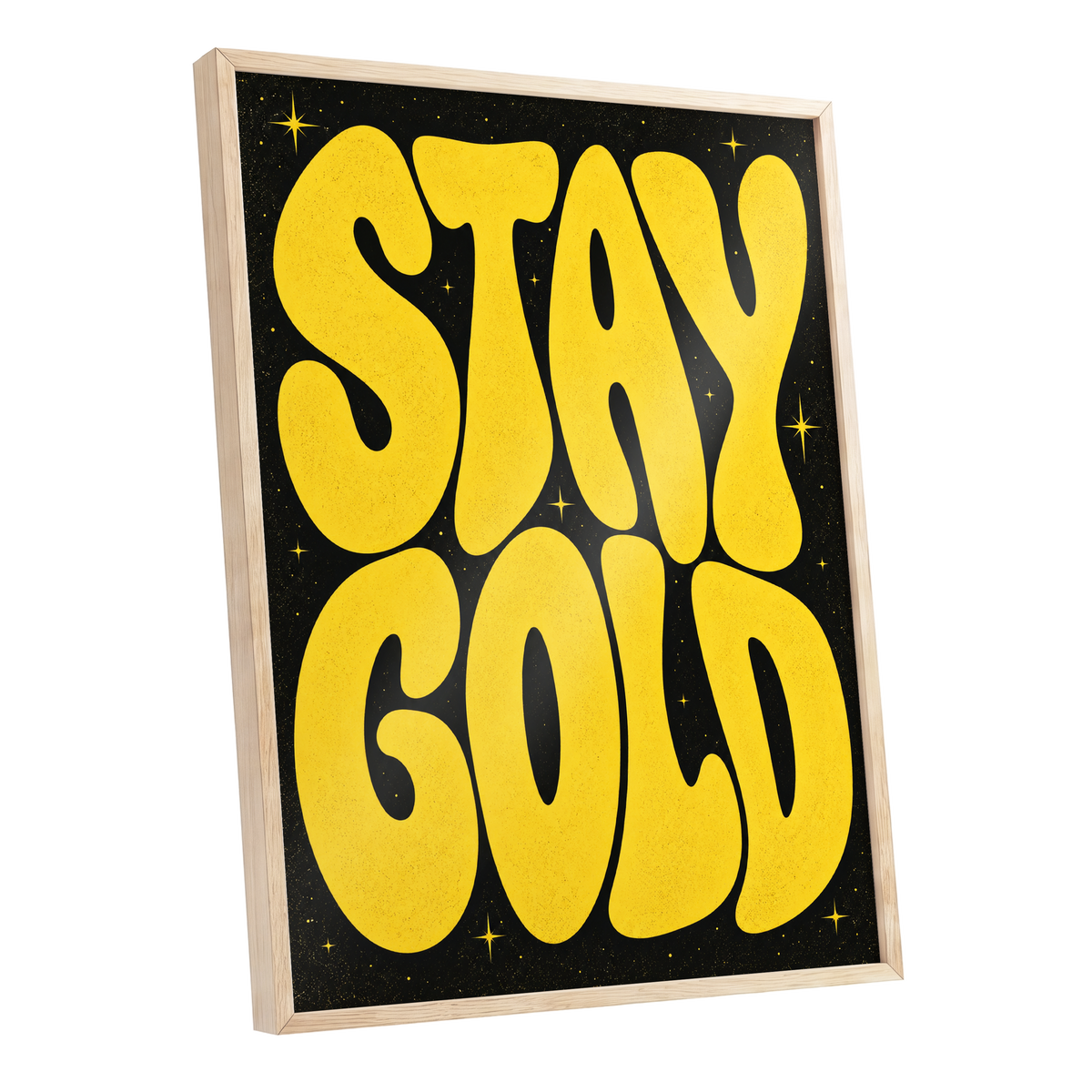 Stay Gold Starburst, yellow, black abstract wall art shown as a oak framed poster wall art print