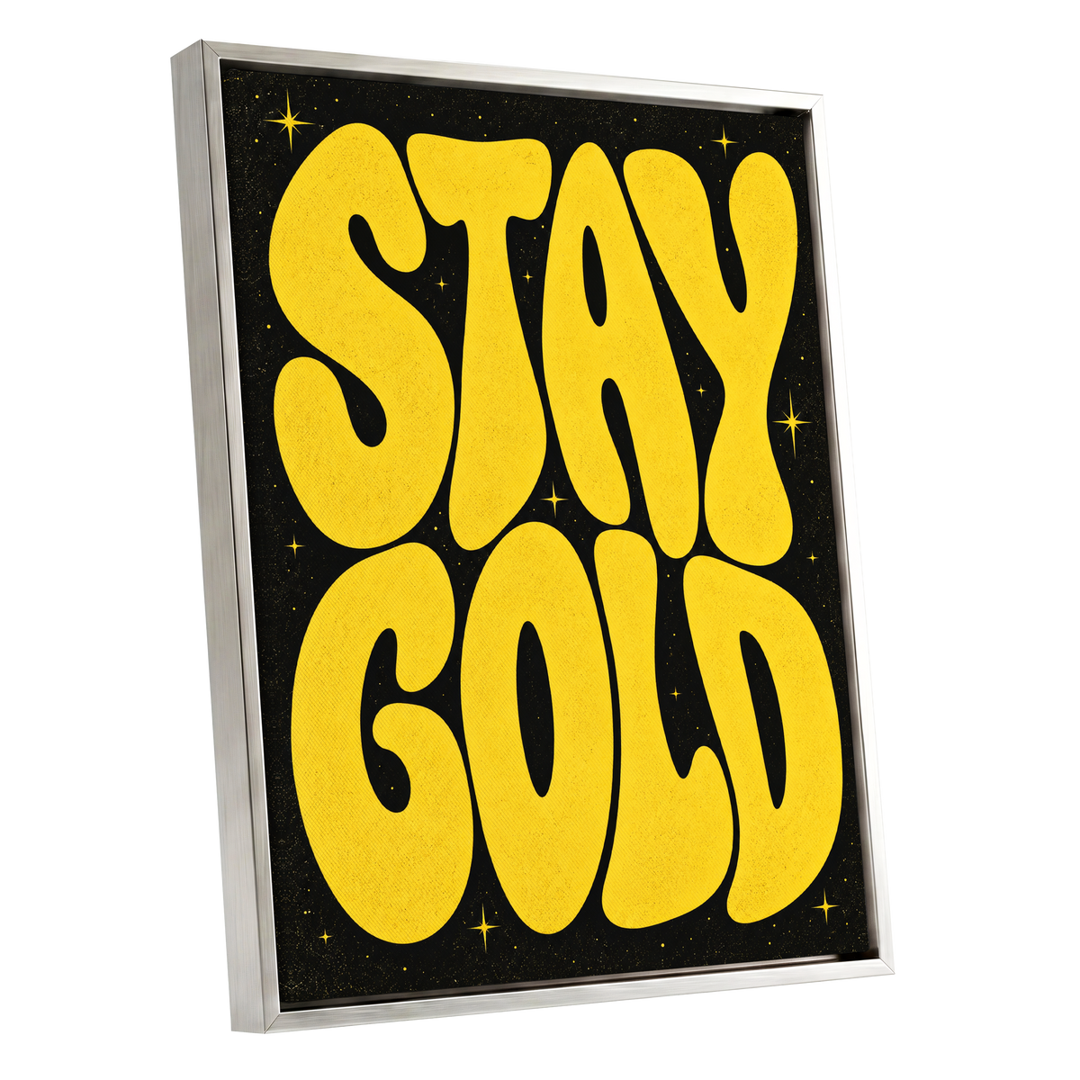 Stay Gold Starburst, yellow, black abstract wall art shown as a silver framed canvas wall art