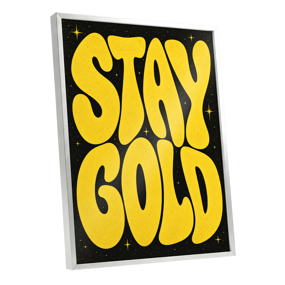 Stay Gold Starburst, yellow, black abstract wall art shown as a silver framed poster wall art print