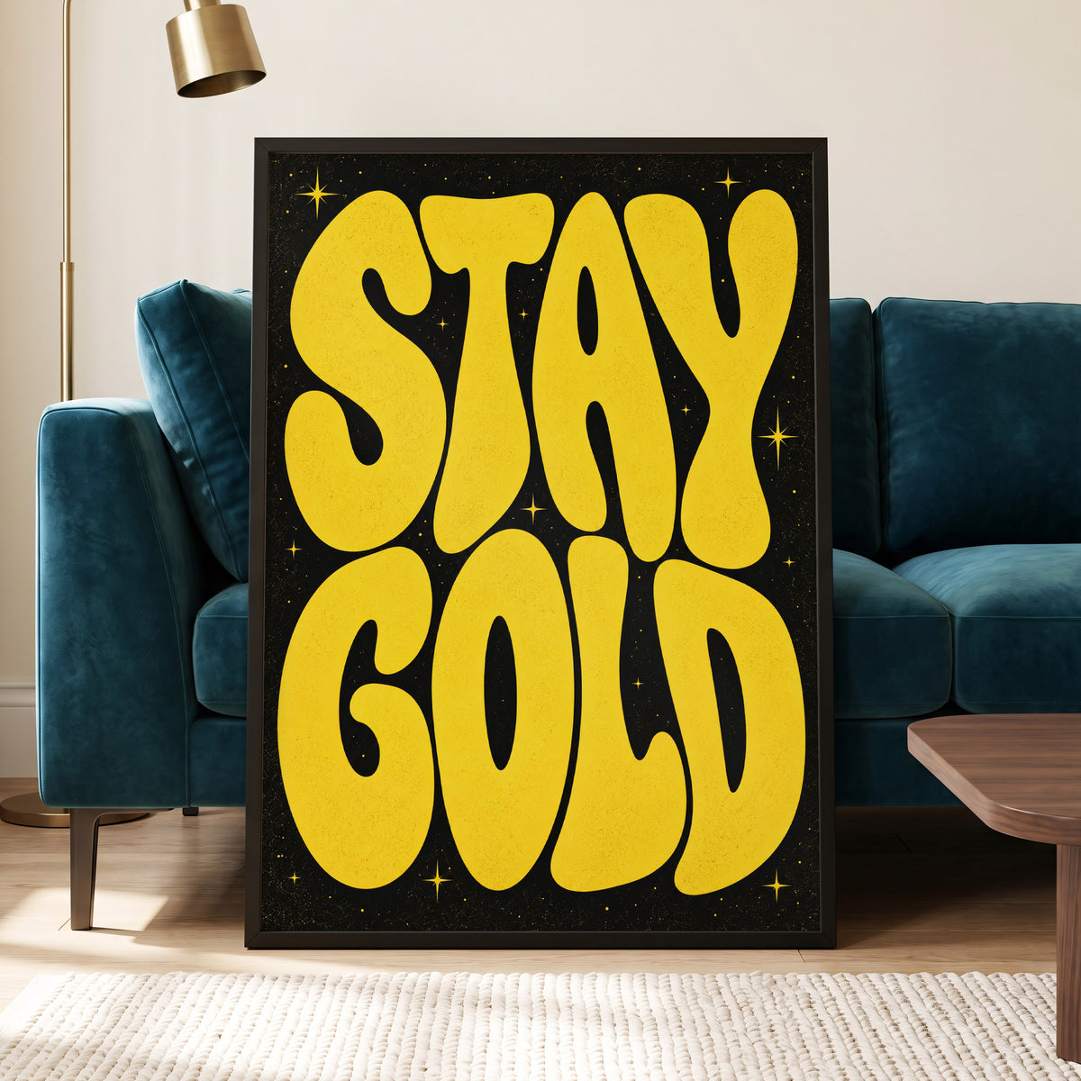 Stay Gold Starburst, yellow, black abstract wall art displayed in a styled interior, gallery view 4