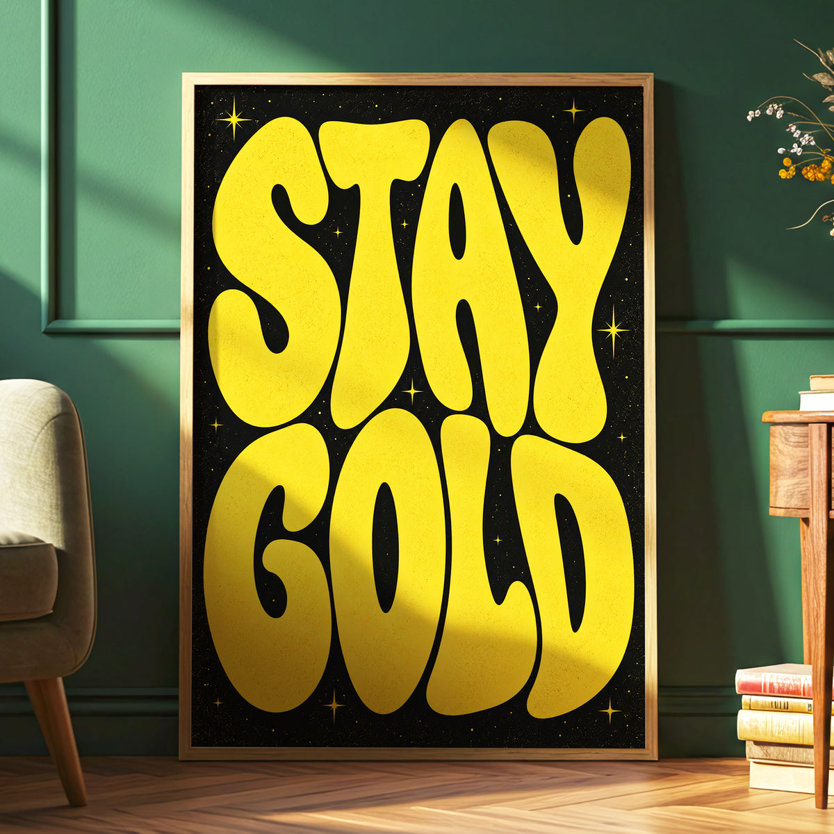 Stay Gold Starburst, yellow, black abstract wall art displayed in a styled interior, gallery view 6