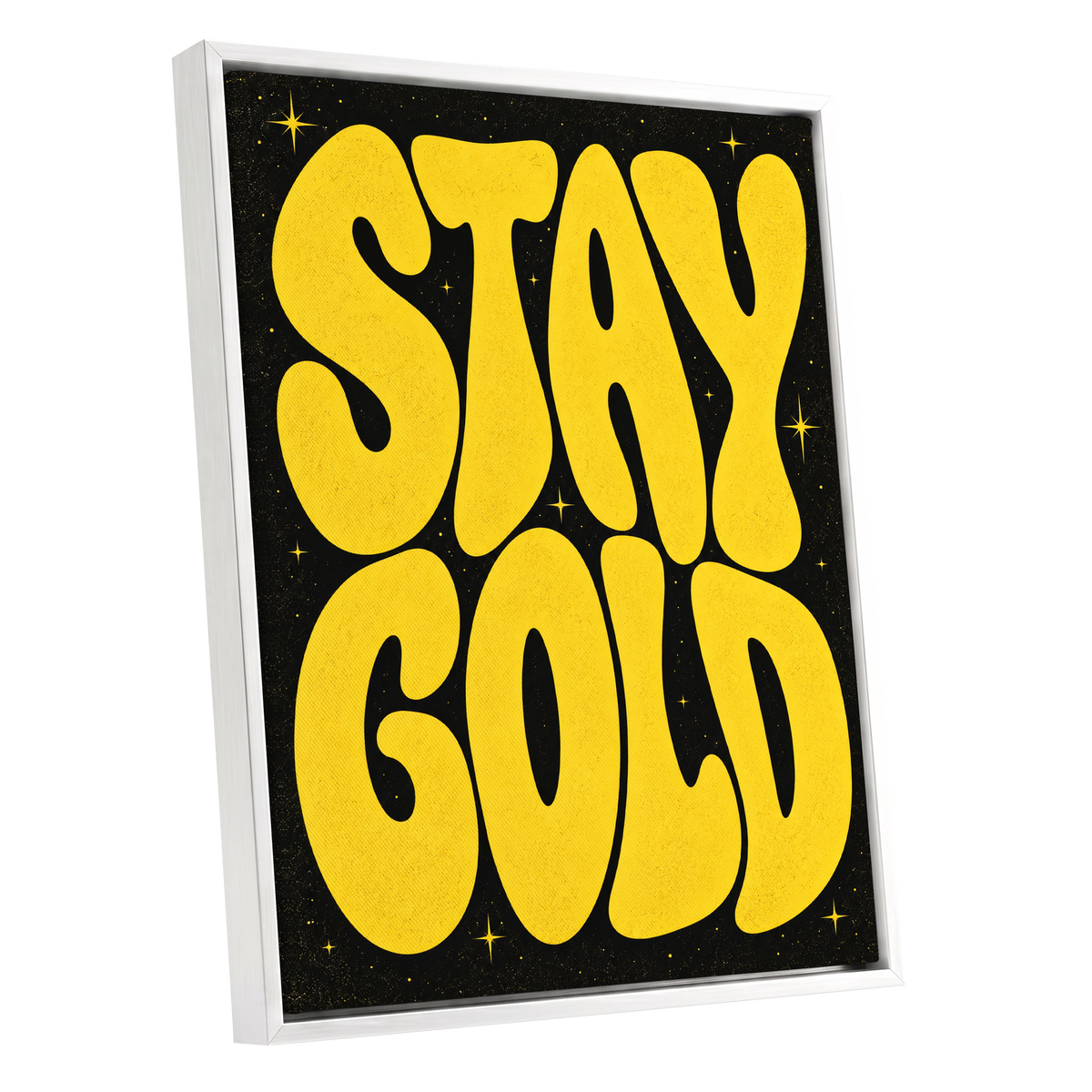 Stay Gold Starburst, yellow, black abstract wall art shown as a white framed canvas wall art