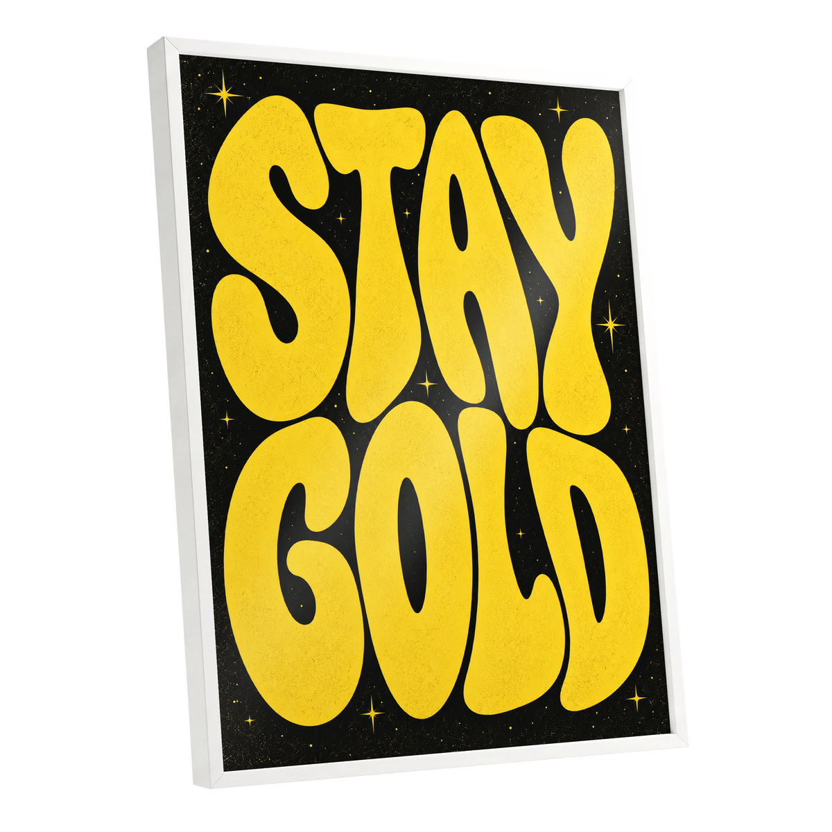 Stay Gold Starburst, yellow, black abstract wall art shown as a white framed poster wall art print