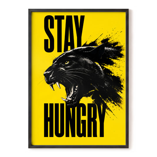 Stay Hungry Panther, black, yellow, white nature wall art, front artwork view