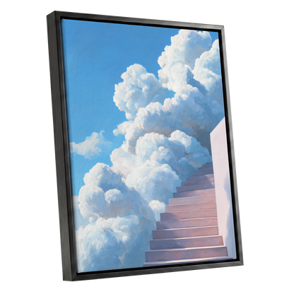 Steps Into Daylight, blue, white, pink nature wall art shown as a black framed canvas wall art